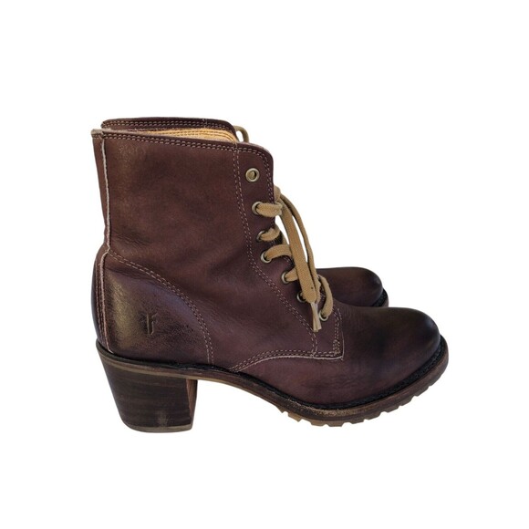 Frye Sabrina 6G Brown Leather Lace Up Chunky Heeled Combat Ankle Booties 7.5 - Picture 3 of 12